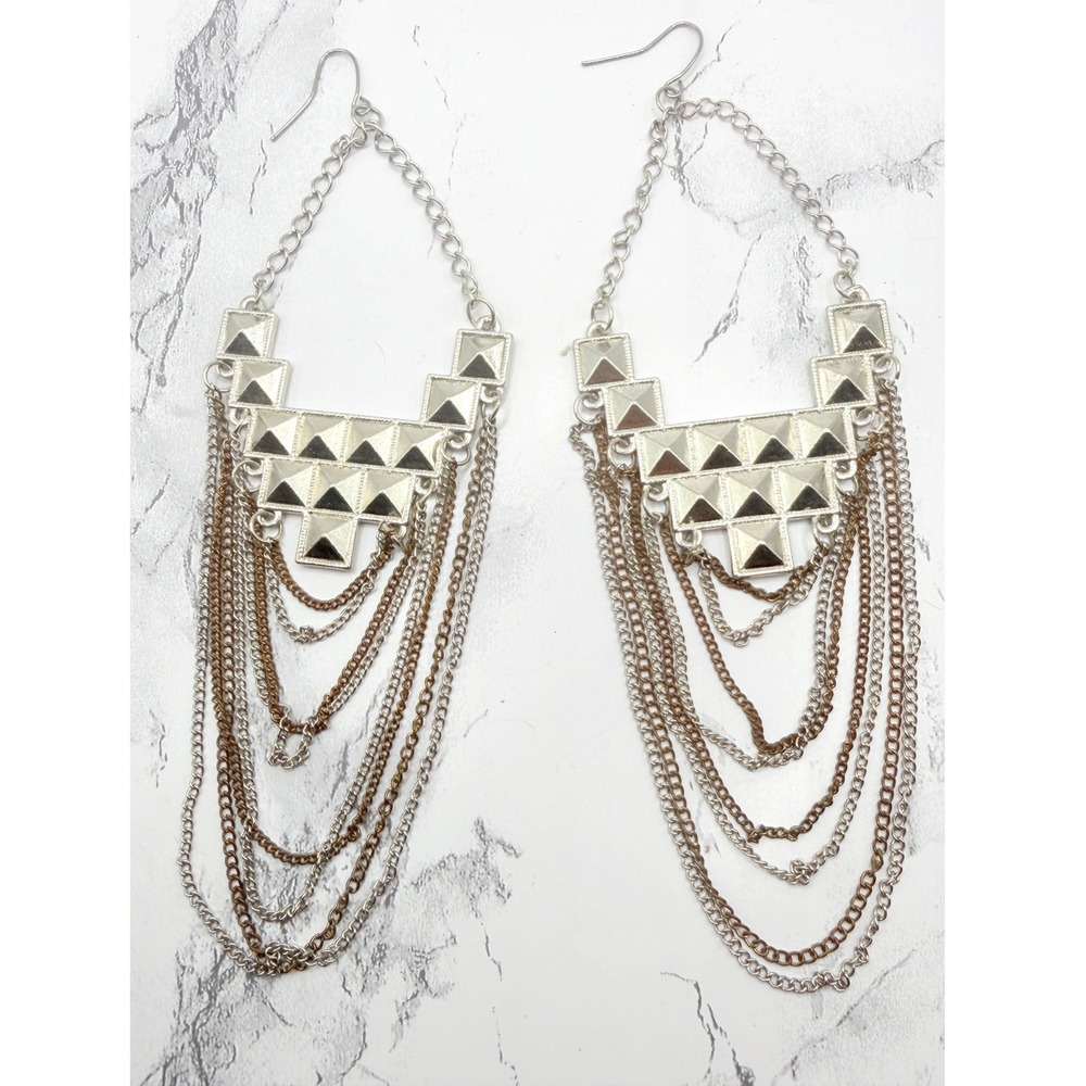Extra Long Pyramid Stud Chain Fringe Earrings Mixed Metal Shoulder Dusters 6"